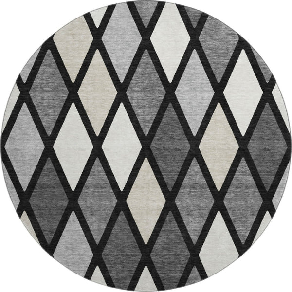 HomeRoots 8' Modern Black Ivory Gray Geometric Round Rug - Washable, UV Protected, Stain-Resistant Design 670456