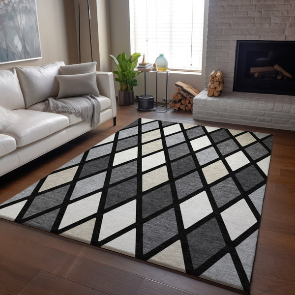HomeRoots 9' X 12' Black Ivory and Gray Geometric Rug - Washable, Stain-Resistant, UV Protected for Active Homes 670458