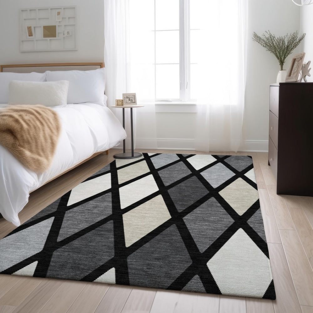 HomeRoots 10' Geometric Washable Area Rug in Black, Ivory & Gray – UV Protected, Durable & Easy-Care Design 670459
