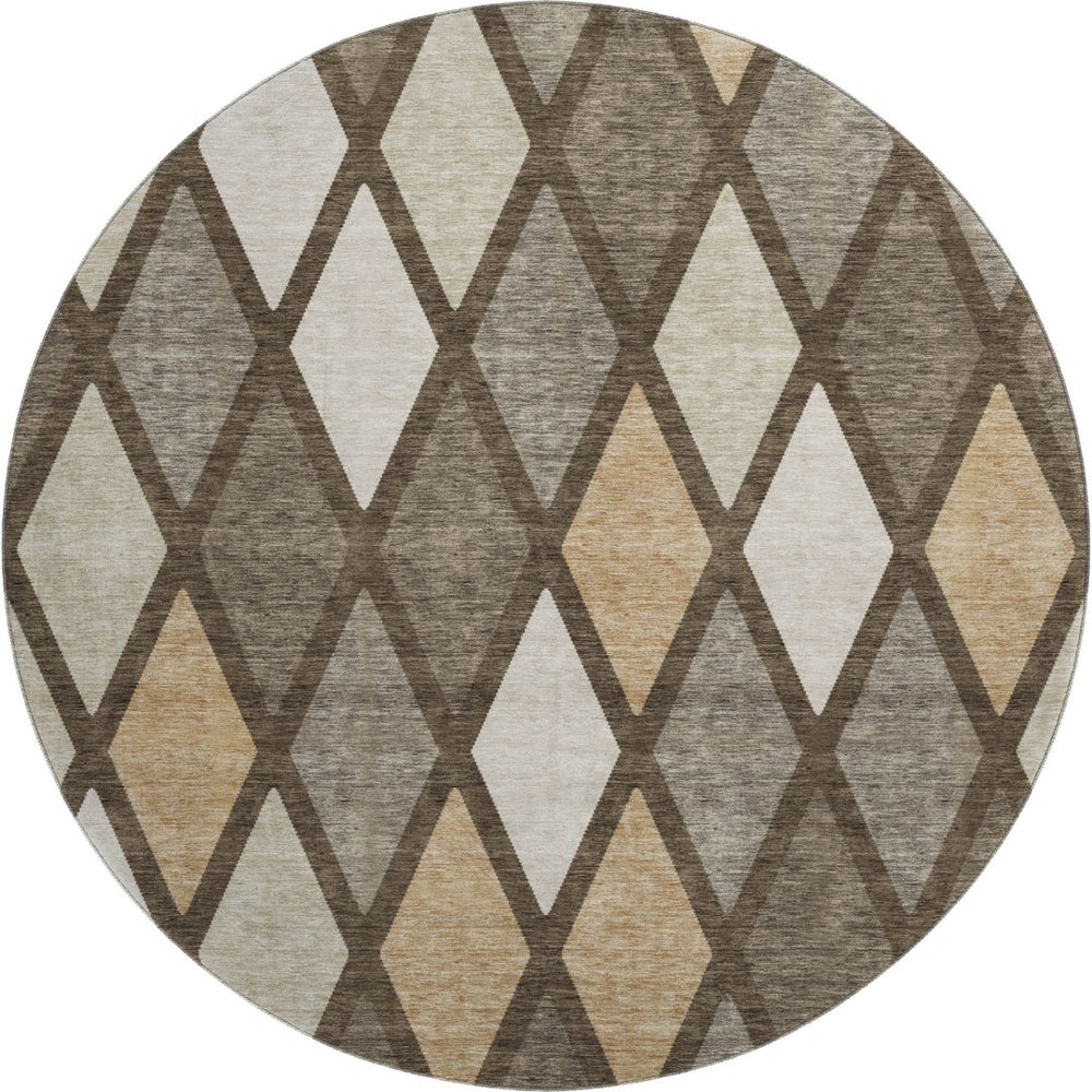 HomeRoots 8' Modern Geometric Washable Round Rug in Brown, Beige & Gold - UV Protected, Stain Resistant Design 670462