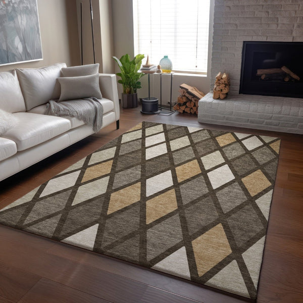 HomeRoots 9' X 12' Washable Geometric Area Rug in Brown, Beige & Gold – Durable, UV-Protected & Stylish Decor 670464