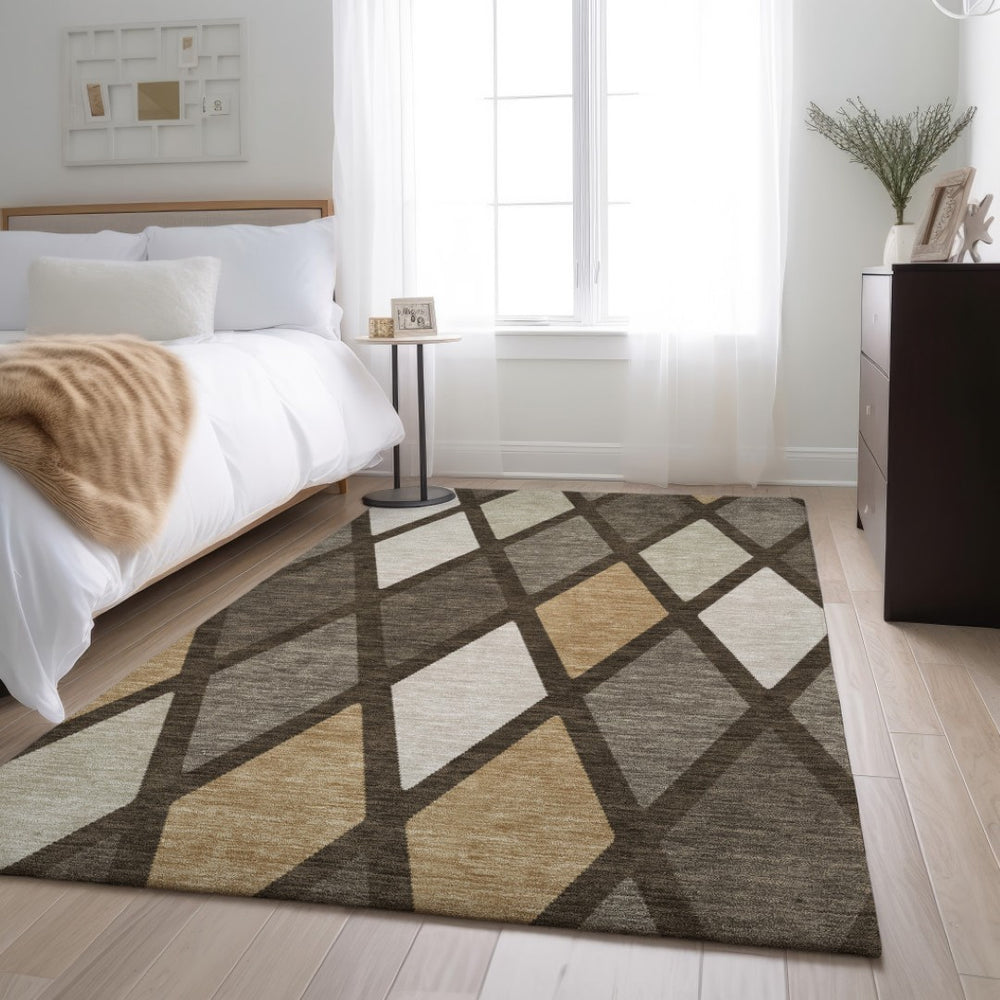 HomeRoots 10' X 14' Washable Brown Beige Gold Geometric Area Rug with UV Protection for High-Traffic Spaces 670465