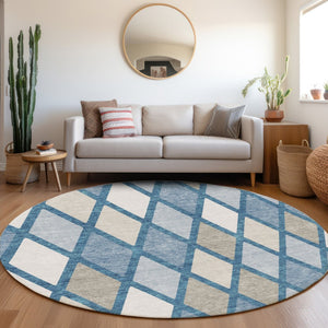 HomeRoots 8' Washable Round Rug in Denim Blue, Ivory & Beige - Modern Geometric, UV Protected, Stain-Resistant 670468
