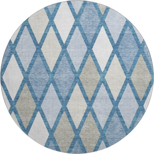 HomeRoots 8' Washable Round Rug in Denim Blue, Ivory & Beige - Modern Geometric, UV Protected, Stain-Resistant 670468