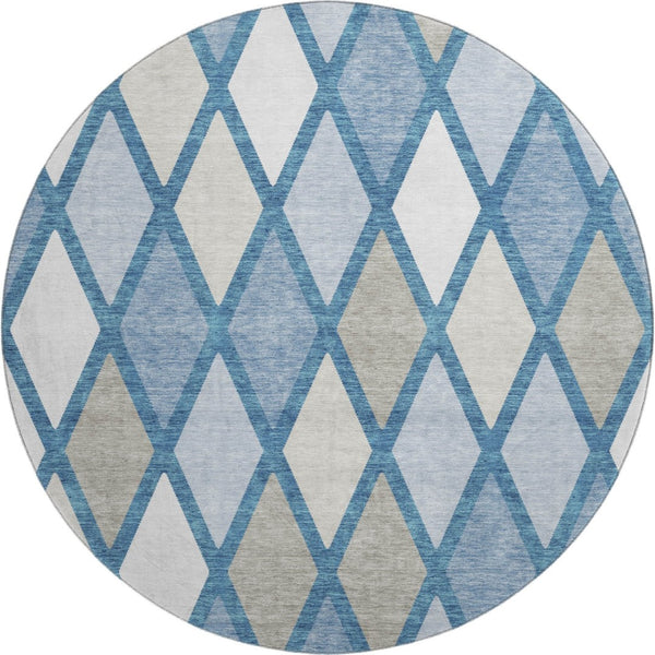 HomeRoots 8' Washable Round Rug in Denim Blue, Ivory & Beige - Modern Geometric, UV Protected, Stain-Resistant 670468