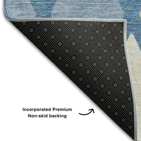 HomeRoots 8' Washable Round Rug in Denim Blue, Ivory & Beige - Modern Geometric, UV Protected, Stain-Resistant 670468