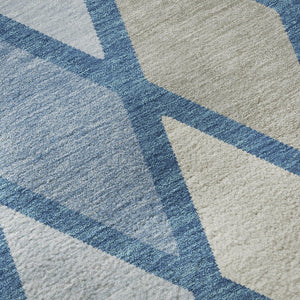 HomeRoots 8' Washable Round Rug in Denim Blue, Ivory & Beige - Modern Geometric, UV Protected, Stain-Resistant 670468