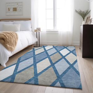 HomeRoots 8' X 10' Denim Blue & Beige Geometric Washable Area Rug - Modern Design with UV & Stain Resistance 670469