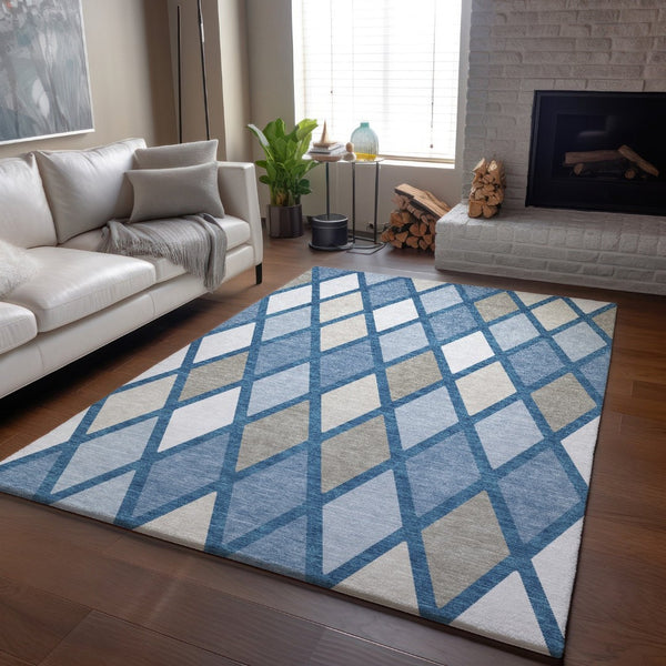 HomeRoots 8' X 10' Denim Blue & Beige Geometric Washable Area Rug - Modern Design with UV & Stain Resistance 670469
