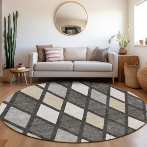 HomeRoots 8' Stylish Gray, Silver & Tan Geometric Round Rug – Washable, UV Protected, Ideal for Busy Homes 670474