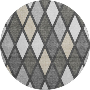 HomeRoots 8' Stylish Gray, Silver & Tan Geometric Round Rug – Washable, UV Protected, Ideal for Busy Homes 670474