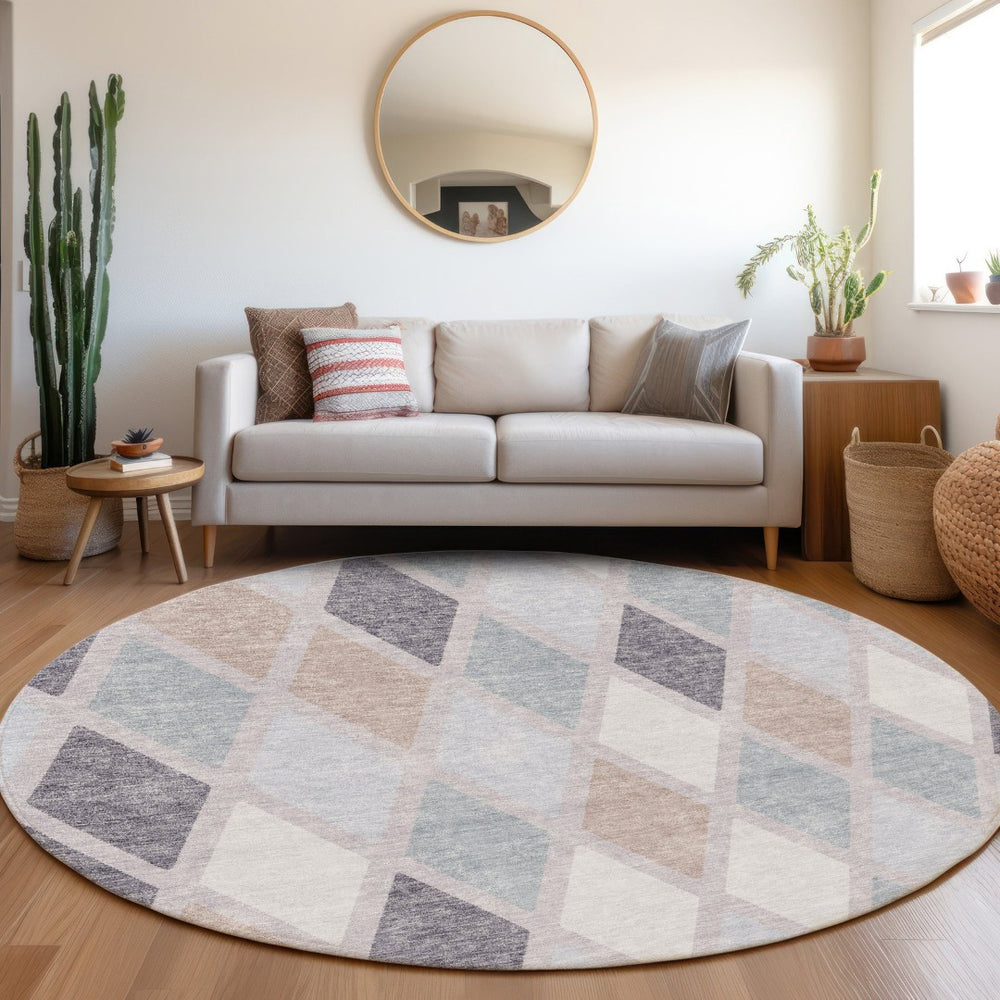 HomeRoots 8' Stylish Lavender Gray and Ivory Geometric Washable Round Rug with UV Protection for Any Home 670480