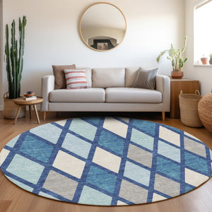 HomeRoots 8' Navy Blue & Ivory Geometric Washable Round Rug - Durable, Stain Resistant, UV Protected for Homes 670486