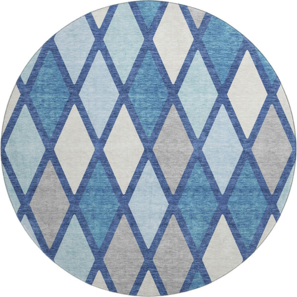 HomeRoots 8' Navy Blue & Ivory Geometric Washable Round Rug - Durable, Stain Resistant, UV Protected for Homes 670486