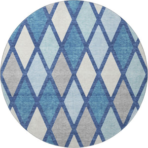 HomeRoots 8' Navy Blue & Ivory Geometric Washable Round Rug - Durable, Stain Resistant, UV Protected for Homes 670486