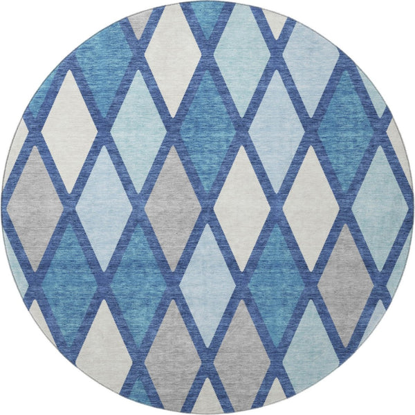 HomeRoots 8' Navy Blue & Ivory Geometric Washable Round Rug - Durable, Stain Resistant, UV Protected for Homes 670486