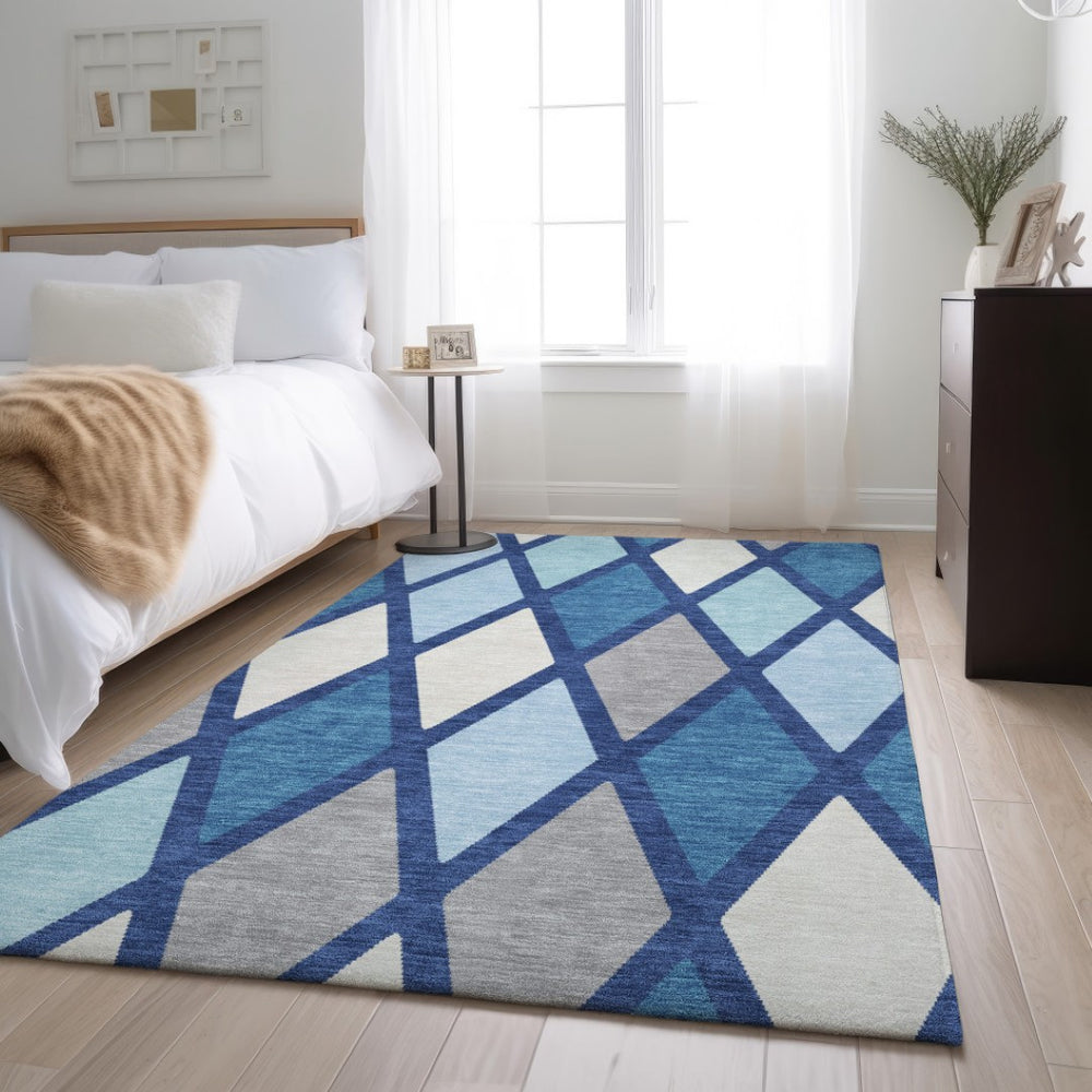 HomeRoots 9' X 12' Navy Blue and Ivory Geometric Area Rug - Washable, UV Protected, Durable for Busy Homes 670488