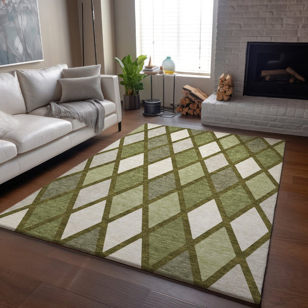 HomeRoots 9' X 12' Modern Olive Green & Ivory Geometric Area Rug – Washable, UV-Protected, Durable Design 670494