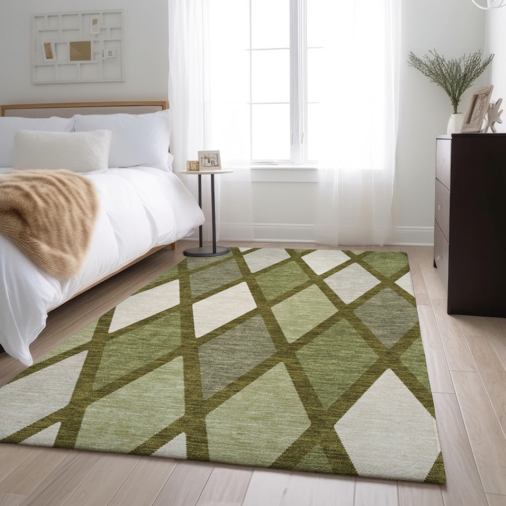HomeRoots 10' X 14' Olive Green & Ivory Geometric Area Rug - Stylish, Washable, UV Protected for High-Traffic Areas 670495