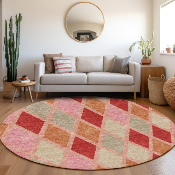 HomeRoots 8' Stylish Geometric Round Rug in Pink, Red & Gray – Washable, UV-Protected, Durable & Easy Care! 670498