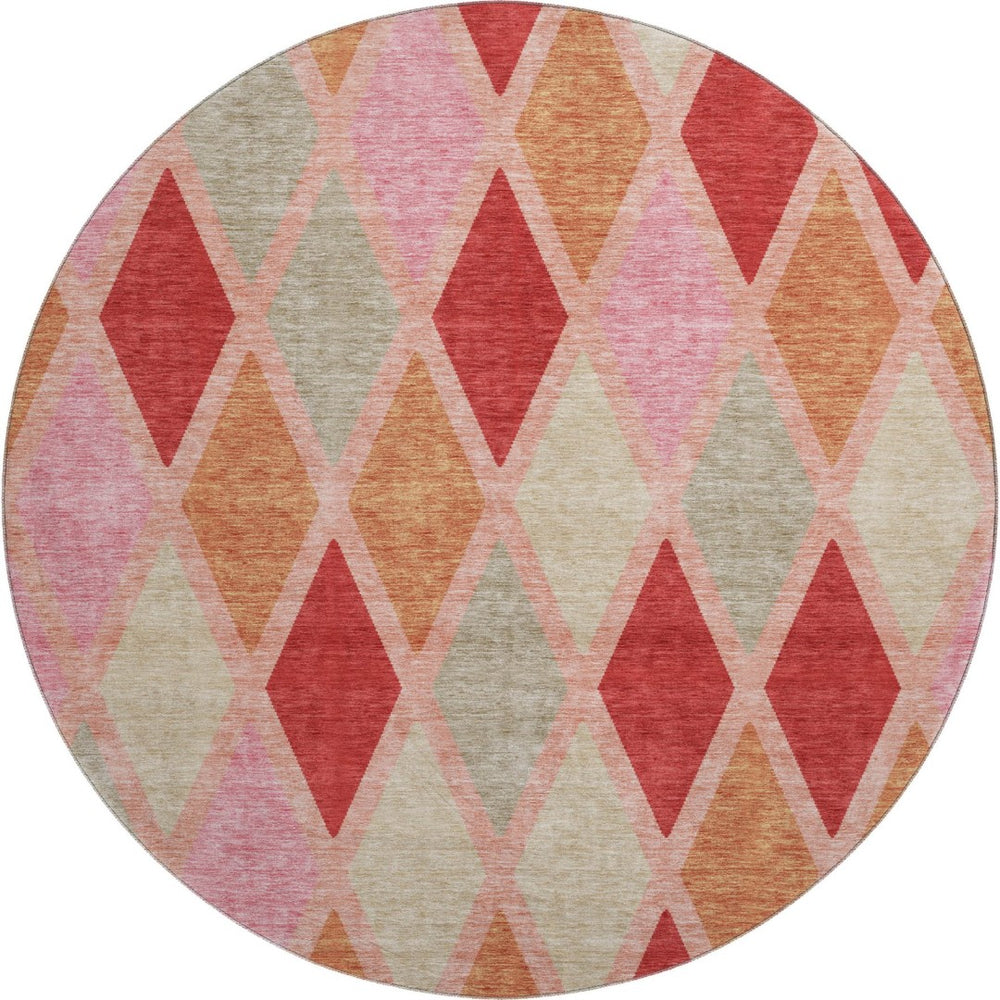 HomeRoots 8' Stylish Geometric Round Rug in Pink, Red & Gray – Washable, UV-Protected, Durable & Easy Care! 670498