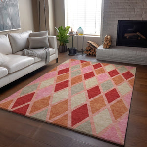 HomeRoots 9' X 12' Contemporary Pink Red Gray Geometric Area Rug – Washable, UV Protected, Stain Resistant! 670500
