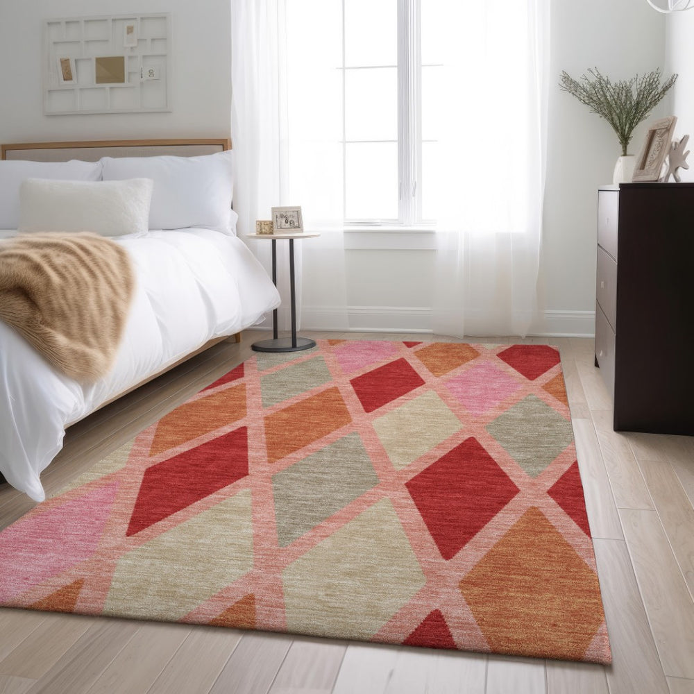 HomeRoots 10' Modern Geometric Pink Red Gray Washable Area Rug – UV Protected, Durable, Ideal for High-Traffic Spaces 670501
