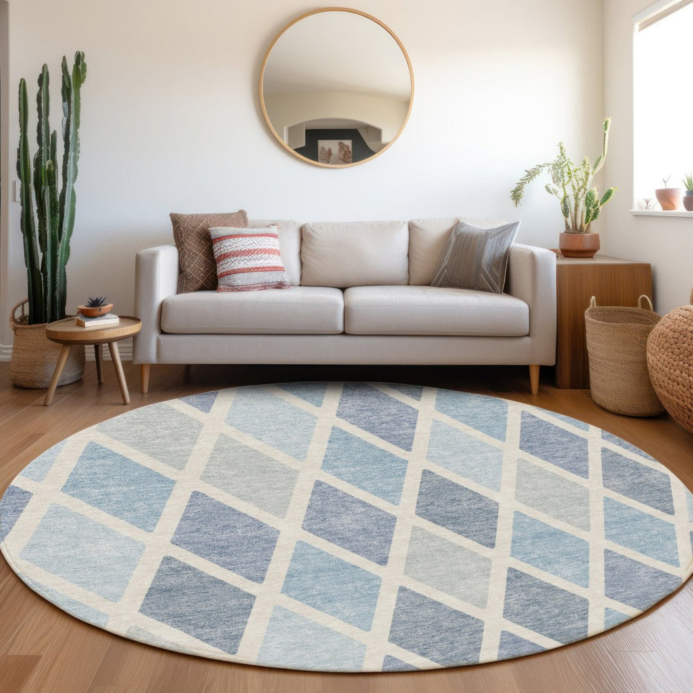 HomeRoots 8' Sky Blue & Ivory Geometric Round Rug - Washable, UV-Protected, Stylish Centerpiece for Any Room 670504
