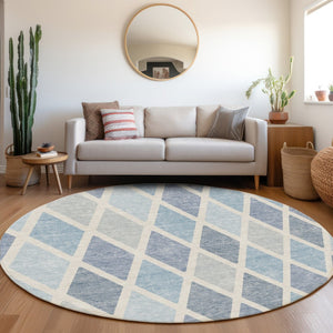 HomeRoots 8' Sky Blue & Ivory Geometric Round Rug - Washable, UV-Protected, Stylish Centerpiece for Any Room 670504