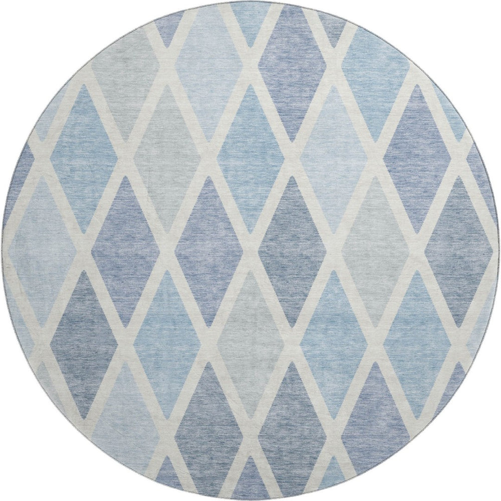 HomeRoots 8' Sky Blue & Ivory Geometric Round Rug - Washable, UV-Protected, Stylish Centerpiece for Any Room 670504