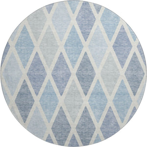 HomeRoots 8' Sky Blue & Ivory Geometric Round Rug - Washable, UV-Protected, Stylish Centerpiece for Any Room 670504