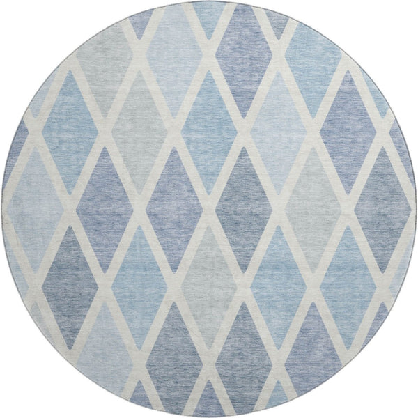 HomeRoots 8' Sky Blue & Ivory Geometric Round Rug - Washable, UV-Protected, Stylish Centerpiece for Any Room 670504