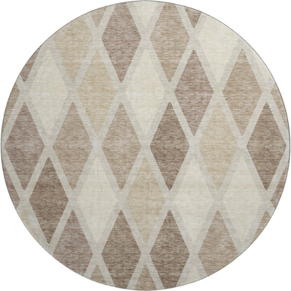 HomeRoots 8' Taupe Beige & Ivory Geometric Washable Round Rug - Stain Resistant, UV Protected, Family-Friendly! 670510