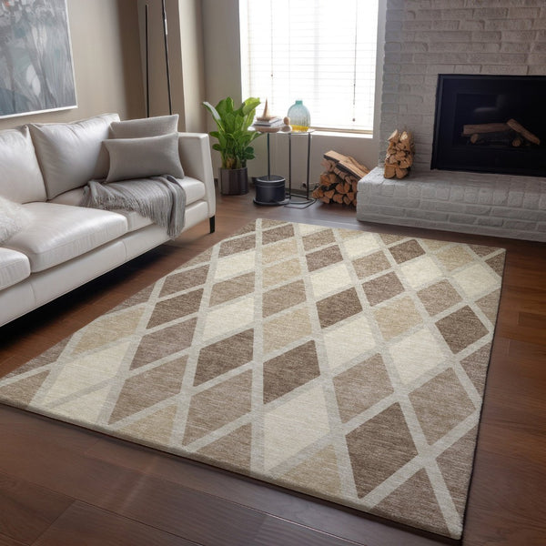 HomeRoots 8' X 10' Taupe Beige & Ivory Geometric Area Rug - Washable, Stain Resistant, UV Protected for Homes 670511