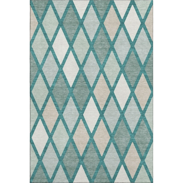 HomeRoots 5' X 8' Teal Beige Ivory Geometric Area Rug - Washable, UV-Protected, Durable for High-Traffic Rooms 670515
