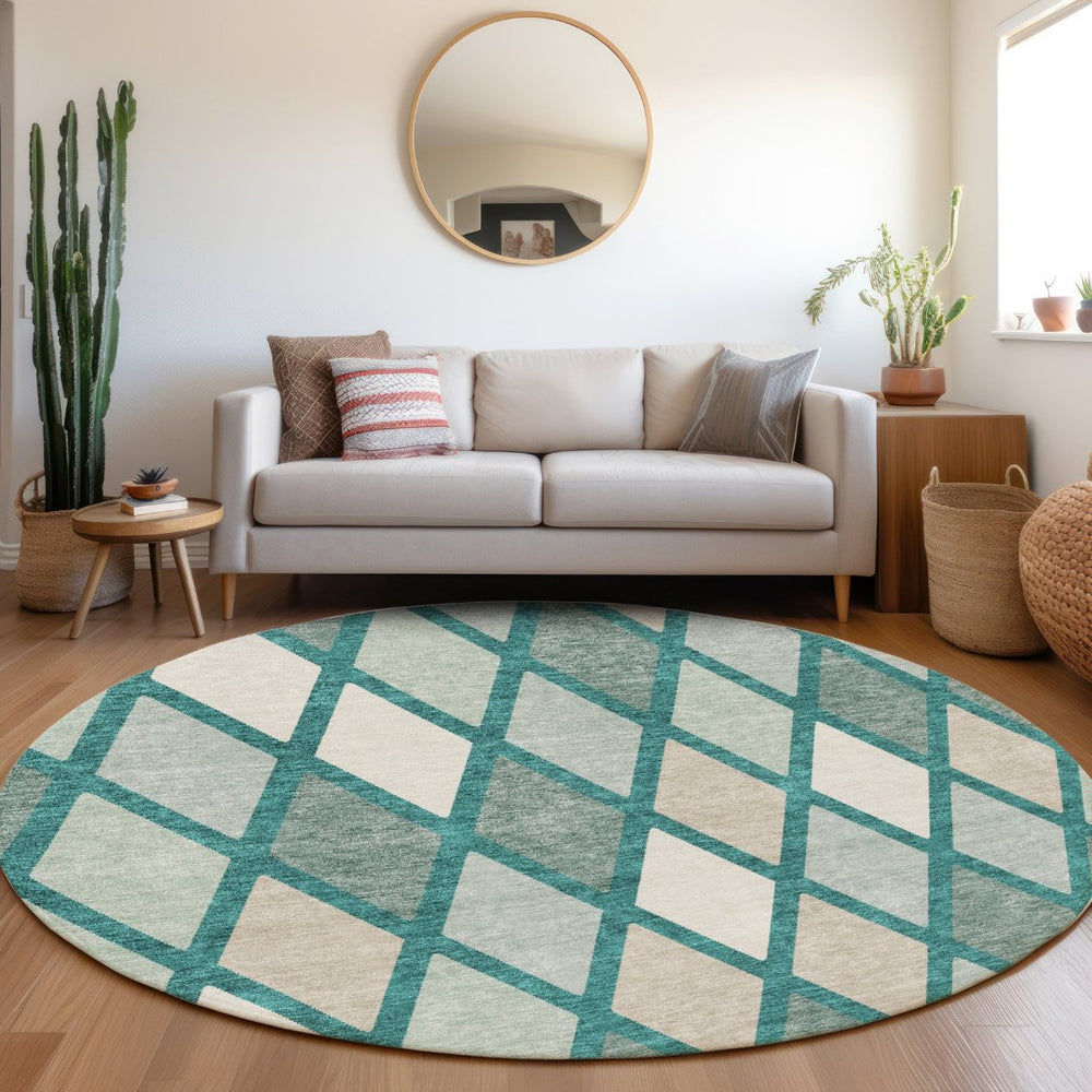 HomeRoots 8' Teal Beige and Ivory Geometric Washable Round Rug - Durable, Stylish, UV Protected for Active Homes 670516