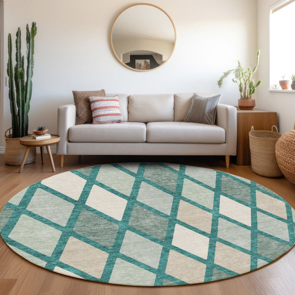HomeRoots 8' Teal Beige and Ivory Geometric Washable Round Rug - Durable, Stylish, UV Protected for Active Homes 670516