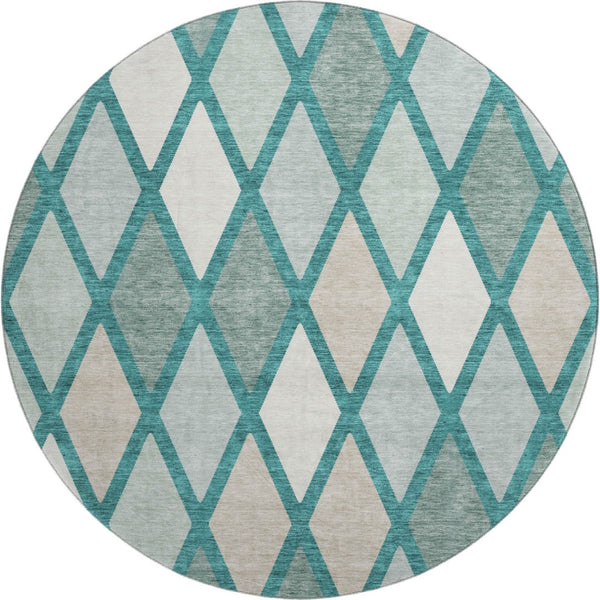 HomeRoots 8' Teal Beige and Ivory Geometric Washable Round Rug - Durable, Stylish, UV Protected for Active Homes 670516