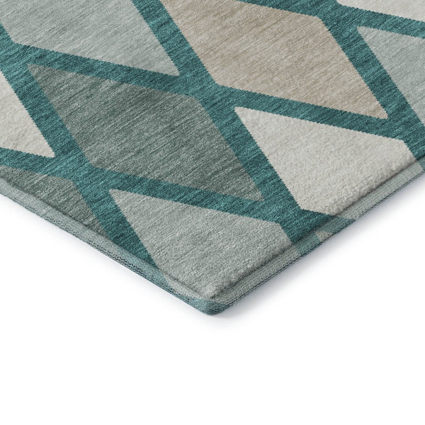 HomeRoots 8' Teal Beige and Ivory Geometric Washable Round Rug - Durable, Stylish, UV Protected for Active Homes 670516