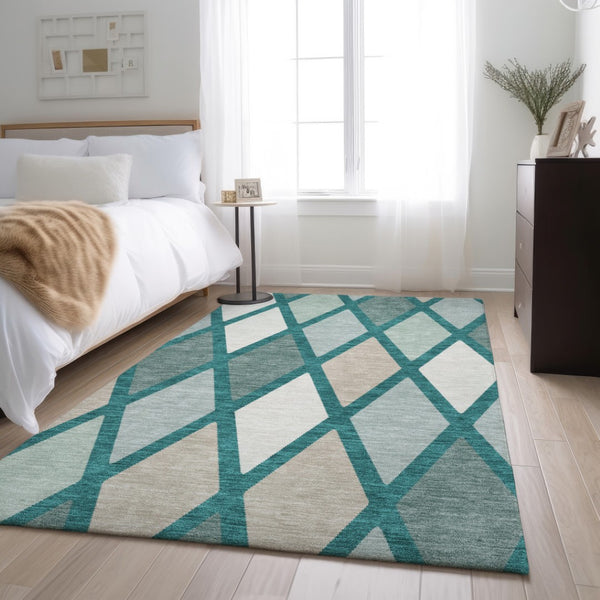 HomeRoots 9' X 12' Modern Teal Beige Ivory Geometric Washable Area Rug - Durable, Stain-Resistant, UV Protected! 670518