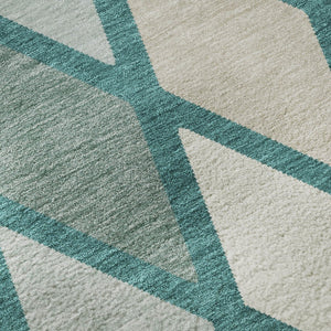 HomeRoots 9' X 12' Modern Teal Beige Ivory Geometric Washable Area Rug - Durable, Stain-Resistant, UV Protected! 670518