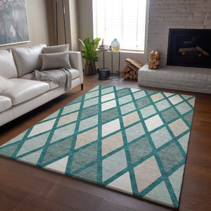 HomeRoots 9' X 12' Modern Teal Beige Ivory Geometric Washable Area Rug - Durable, Stain-Resistant, UV Protected! 670518
