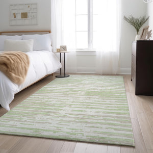 HomeRoots 5' X 8' Artichoke Green & Ivory Striped Washable Area Rug – Durable, UV-Protected & Stylish for Homes 670521
