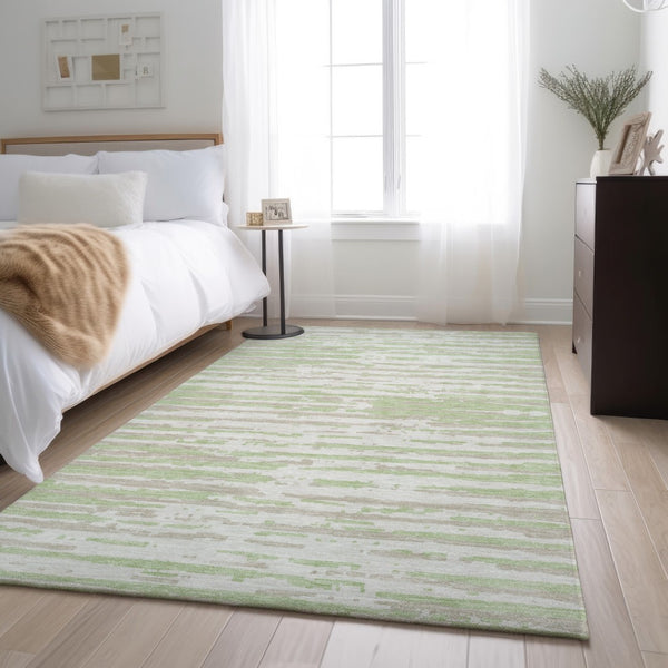 HomeRoots 5' X 8' Artichoke Green & Ivory Striped Washable Area Rug – Durable, UV-Protected & Stylish for Homes 670521