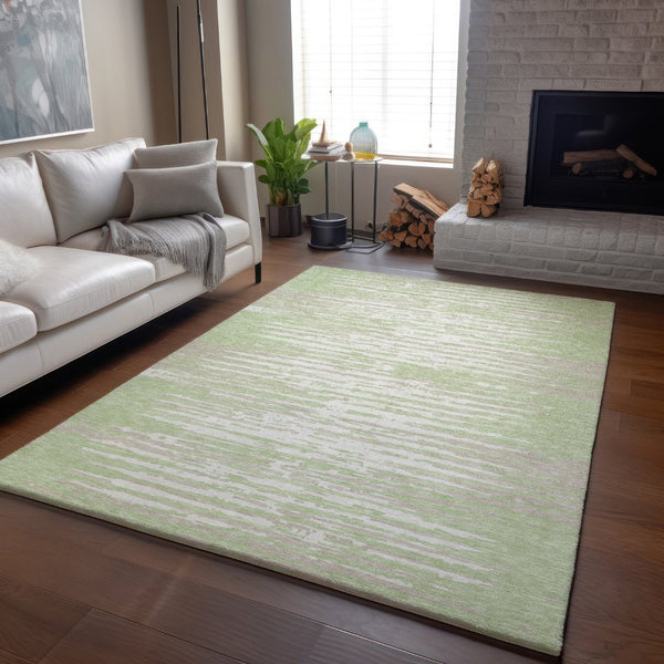 HomeRoots 5' X 8' Artichoke Green & Ivory Striped Washable Area Rug – Durable, UV-Protected & Stylish for Homes 670521