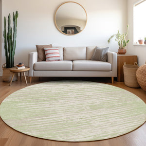 HomeRoots 8' Artichoke Green & Ivory Striped Washable Round Rug - Durable, UV Protected for Active Homes 670522