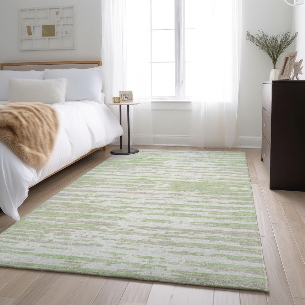 HomeRoots 8' X 10' Artichoke Green Striped Area Rug – Washable, UV-Protected, Durable, Family-Friendly Design 670523
