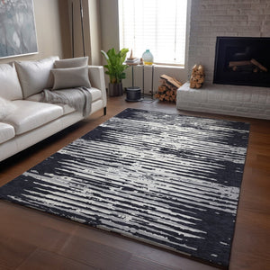HomeRoots 5' X 8' Black and Ivory Striped Area Rug – Washable, UV Protected, Durable, and Stylish for Homes 670527
