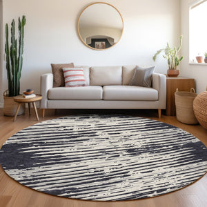 HomeRoots 8' Washable Black and Ivory Striped Round Rug with UV Protection for Stylish High-Traffic Spaces 670528