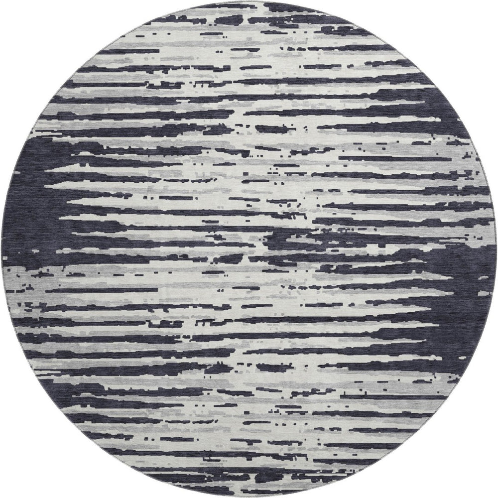 HomeRoots 8' Washable Black and Ivory Striped Round Rug with UV Protection for Stylish High-Traffic Spaces 670528